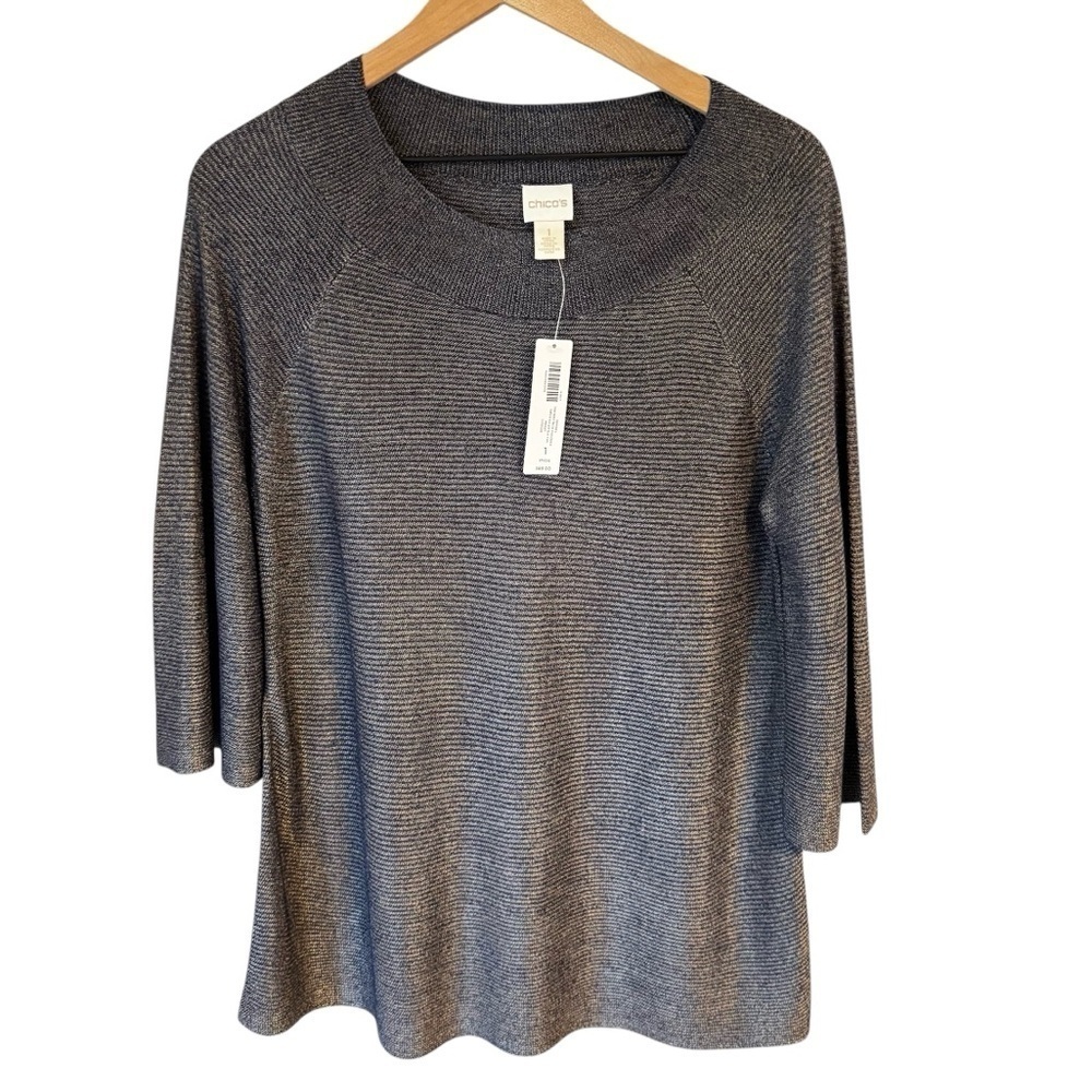 NWT Chicos Portrait Neck 3/4 Sleeve Silver Black Pullover Flowy Sweater Sz M - Picture 1 of 9